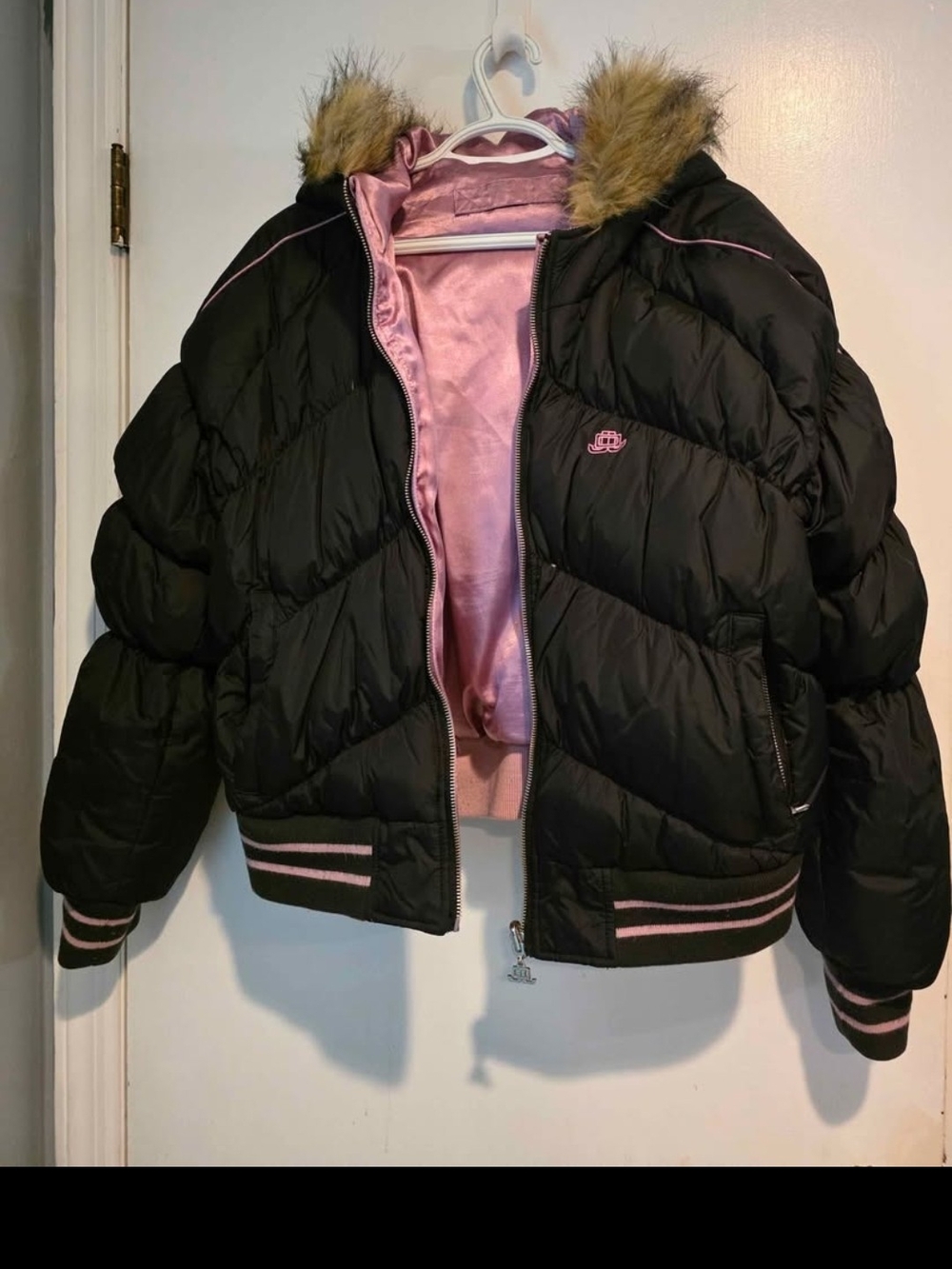 Black & Pink Quilted Puffer Jacket with Faux Fur Hood